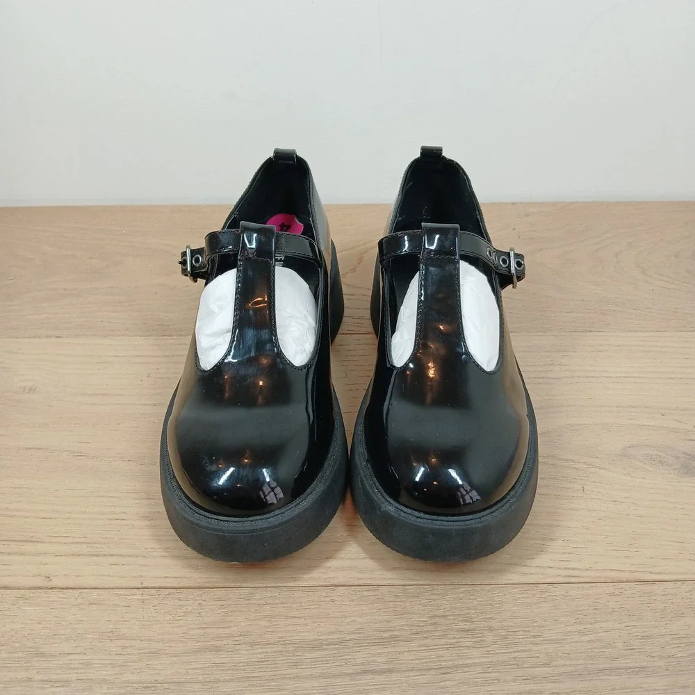 Steve Madden Jgene Flats Girls 4 Black Patent Mary Jane Platform Goth Preppy